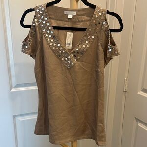 New York & Company Taupe Cold-Shoulder V-Neck Top with Silver Mirror Accents